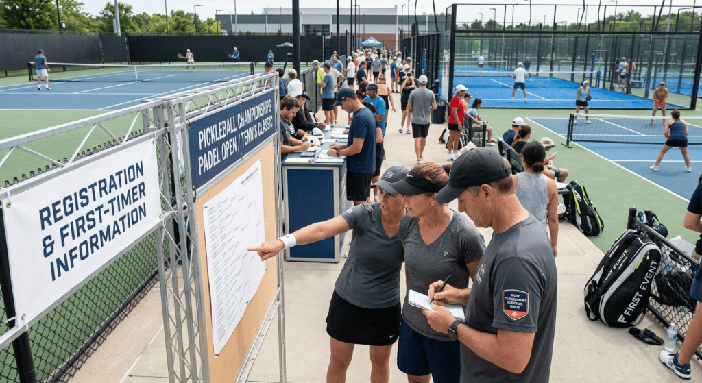 Tournament registration desk with a first-timer information sign, players checking the draw sheet, courts in the background