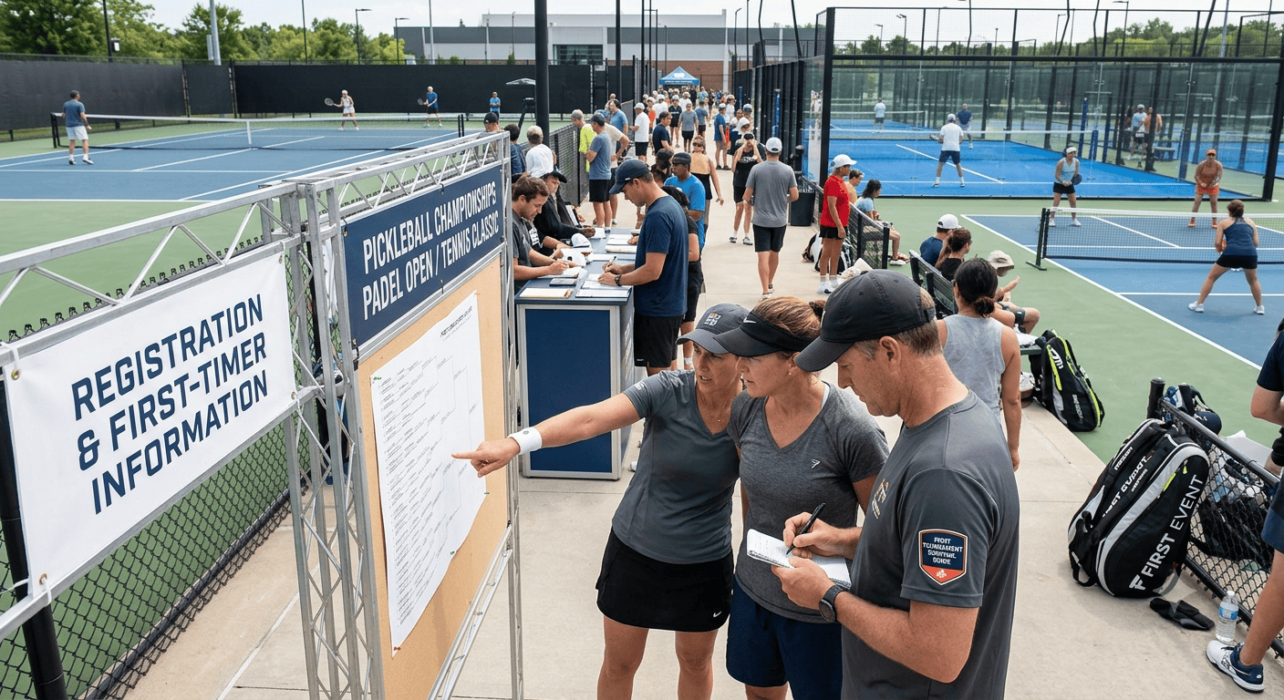 Tournament registration desk with a first-timer information sign, players checking the draw sheet, courts in the background