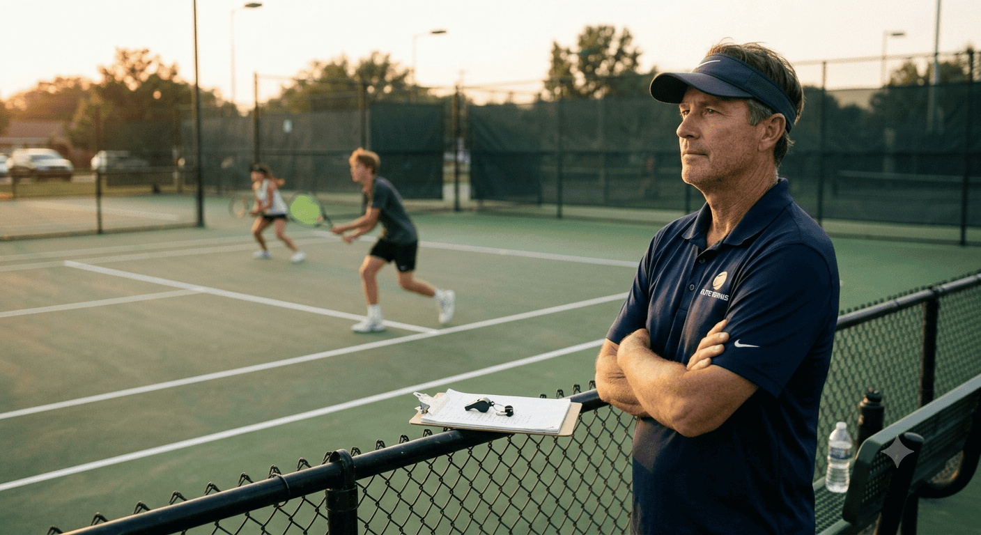 Tennis coach standing courtside with arms crossed, watching two junior players rally at sunset